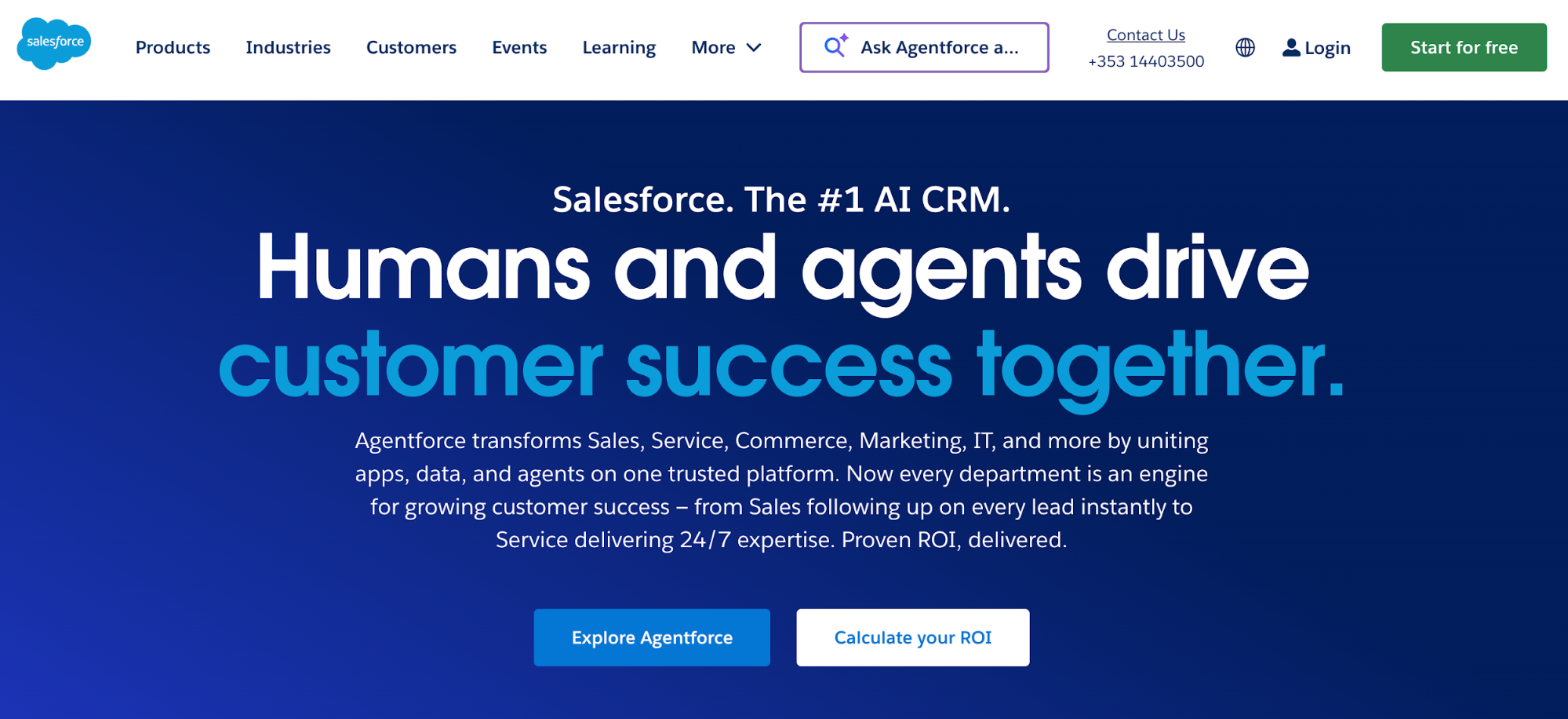 Salesforce homepage featuring the headline "Humans and agents drive customer success together," with buttons to "Explore Agentforce" and "Calculate your ROI."
