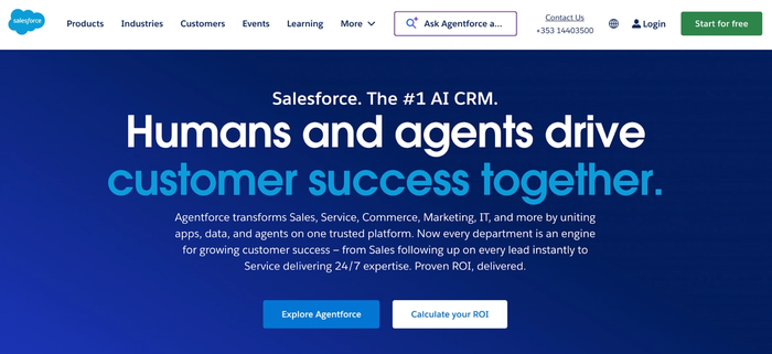 Salesforce homepage featuring the headline "Humans and agents drive customer success together," with buttons to "Explore Agentforce" and "Calculate your ROI."