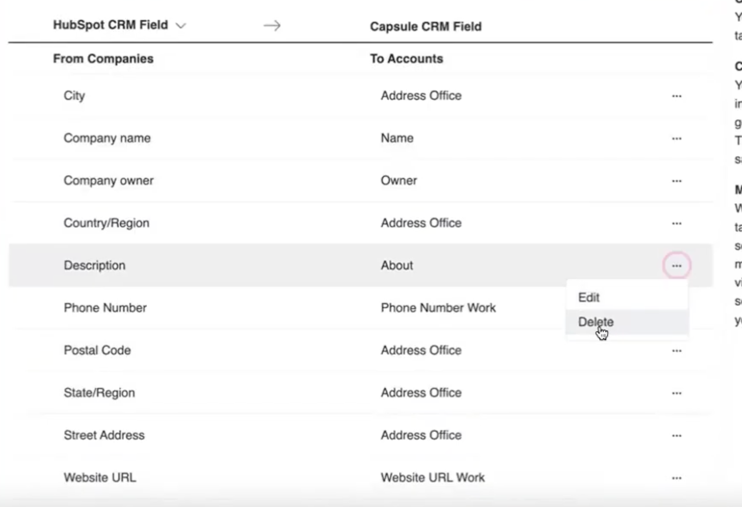 La captura de pantalla muestra una tabla en Import2 donde puedes editar y eliminar las asignaciones de campos de otro CRM a Capsule