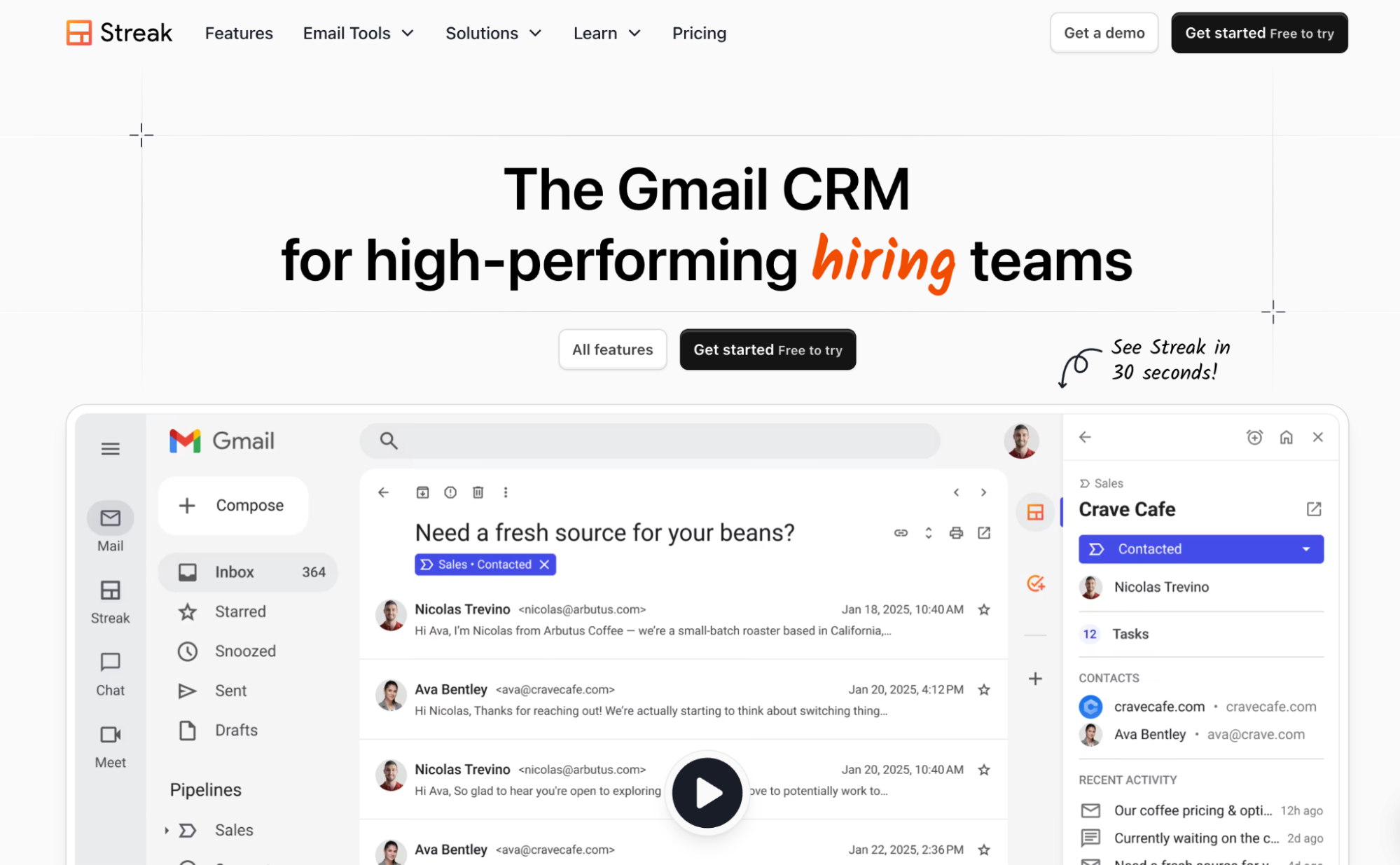 Streak website displaying its Gmail CRM integrated into the Gmail interface, with the headline 'The Gmail CRM for high-performing hiring teams'.