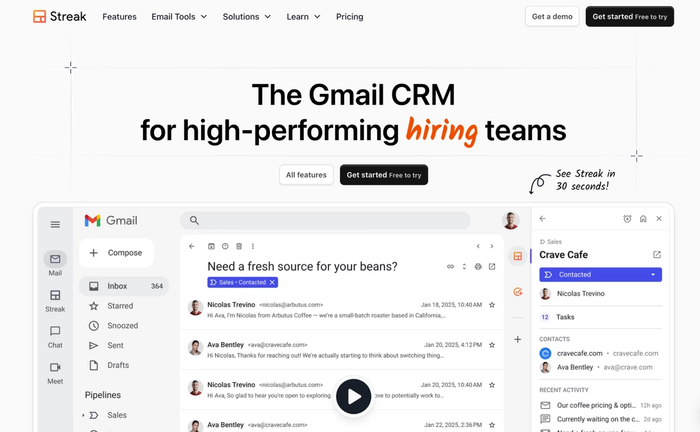 Streak website displaying its Gmail CRM integrated into the Gmail interface, with the headline 'The Gmail CRM for high-performing hiring teams'.