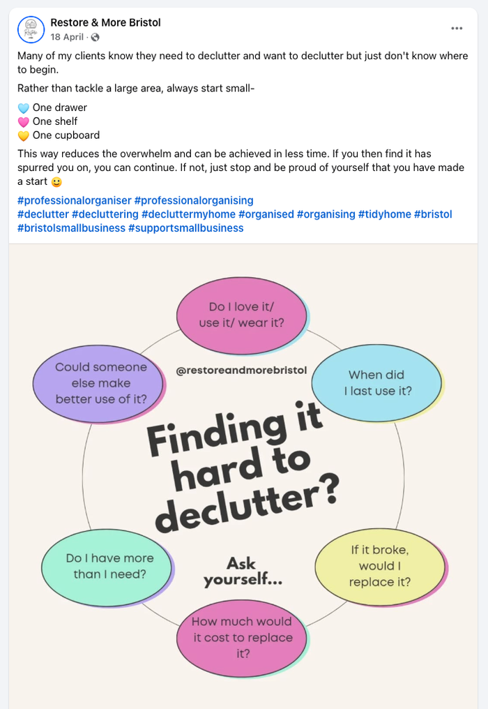 A pastel infographic from Restore & More Bristol asking “Finding it hard to declutter?” with six reflective questions to help decide what to keep.