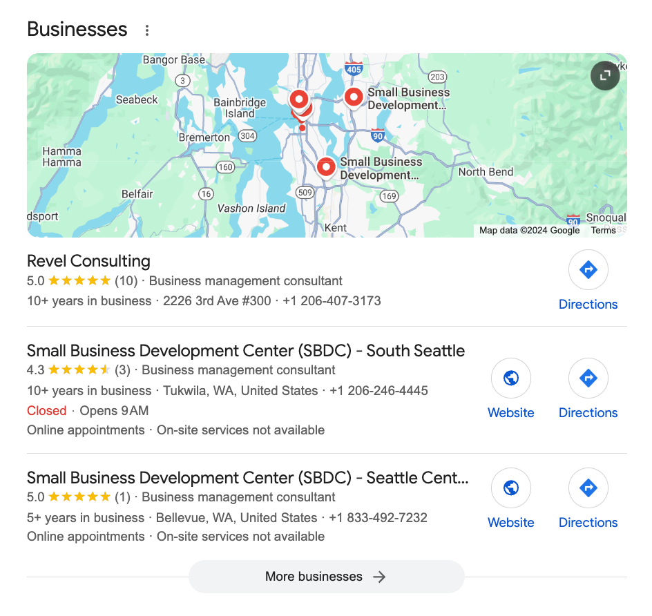 Uma pesquisa no Google por centro de desenvolvimento de pequenas empresas.