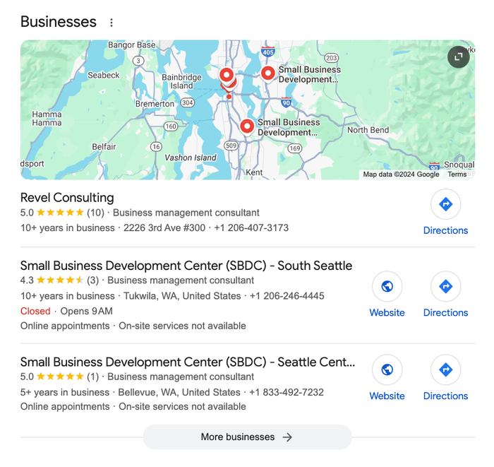A Google search for small business development center.