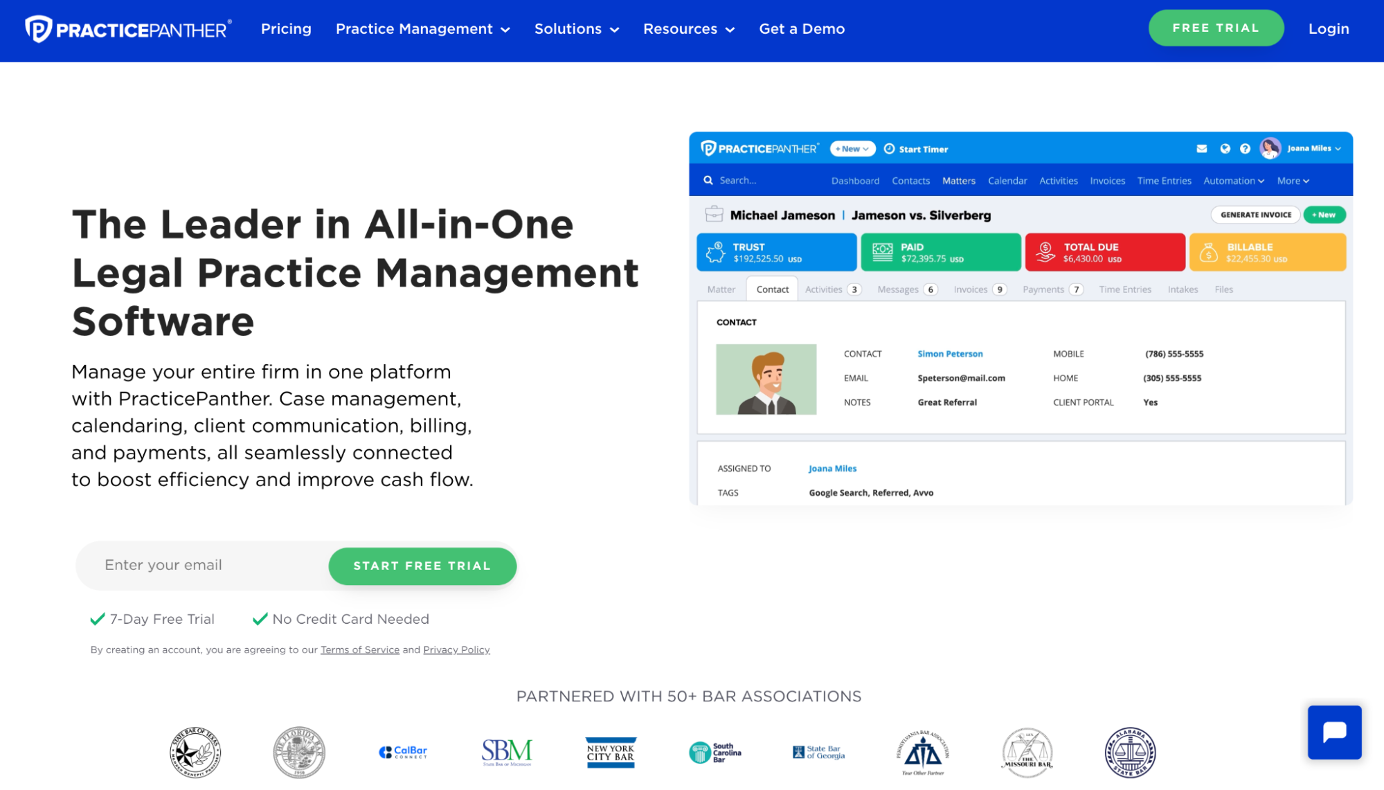 PracticePanther website homepage displaying its legal practice management software interface with client contact and financial details, next to a headline and free trial signup.