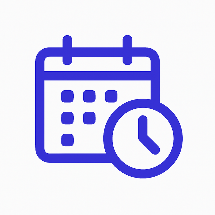 A blue line icon combining a calendar with a clock overlay, representing scheduling or date and time management.