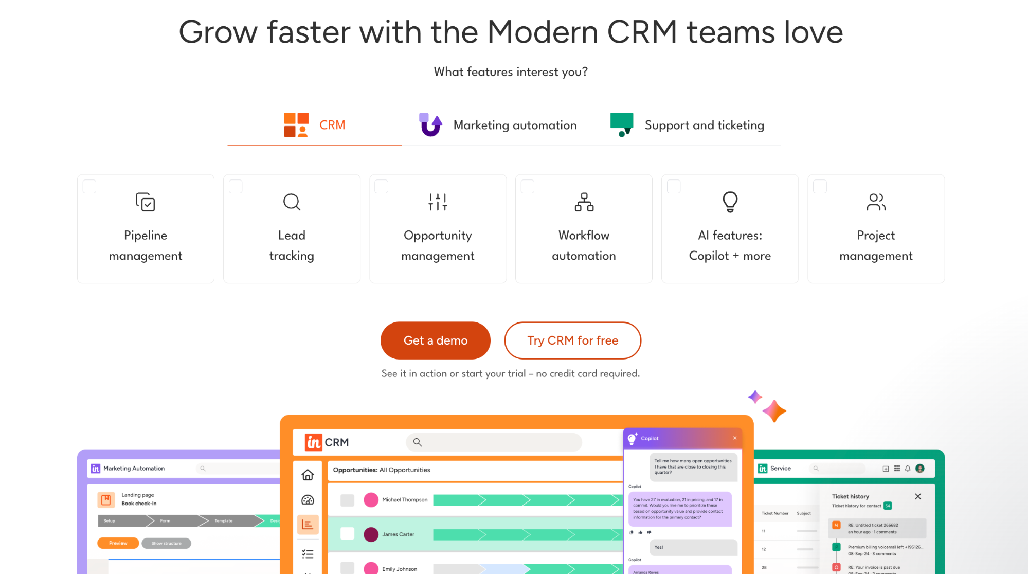 a screenshot of a website that says grow faster with the modern crm teams love