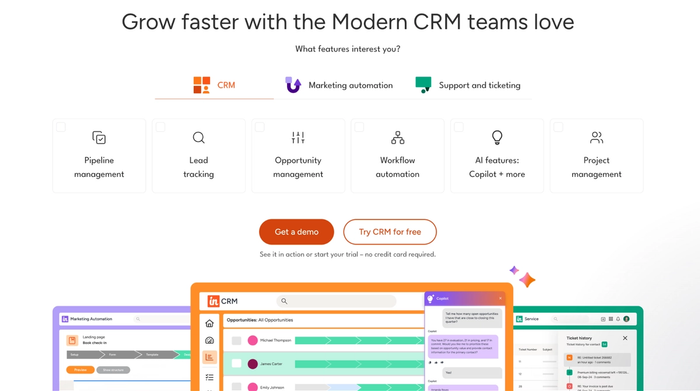 a screenshot of a website that says grow faster with the modern crm teams love