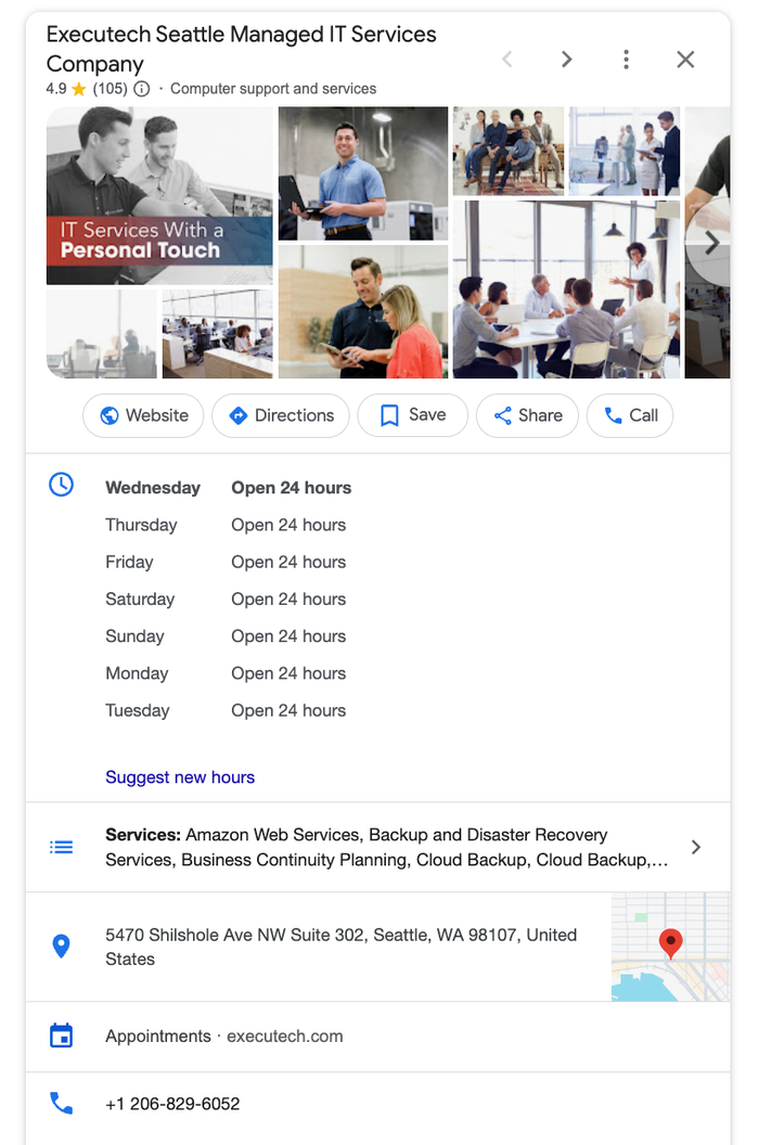 A Google search for Executech Seattle Managed IT Services.