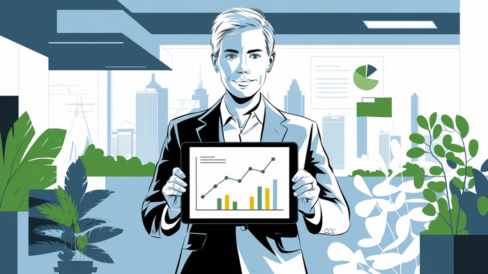 a man in a suit is holding a tablet with a graph on it