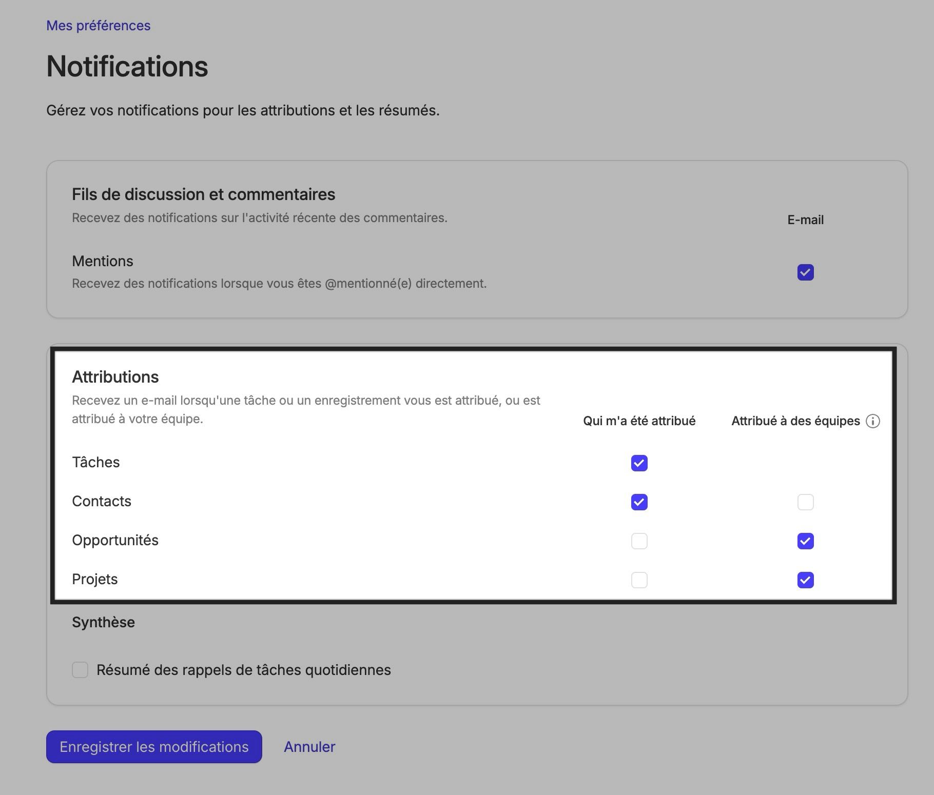 Préférences en matière de rappel par e-mail