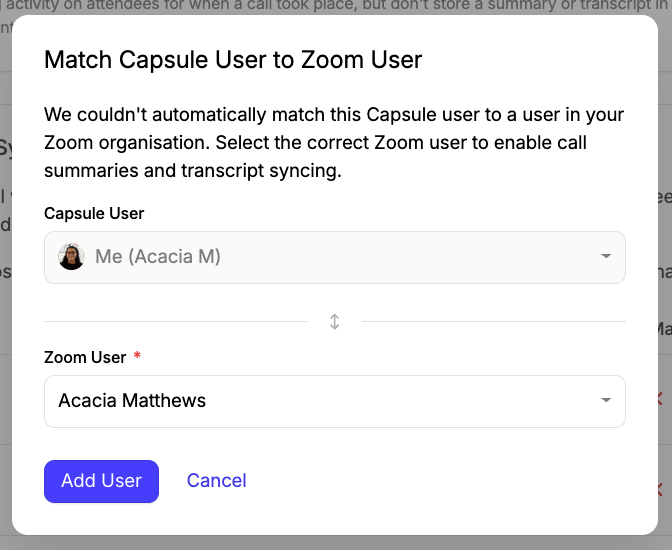 showing modal in capsule settings to link capsule user to zoom user
