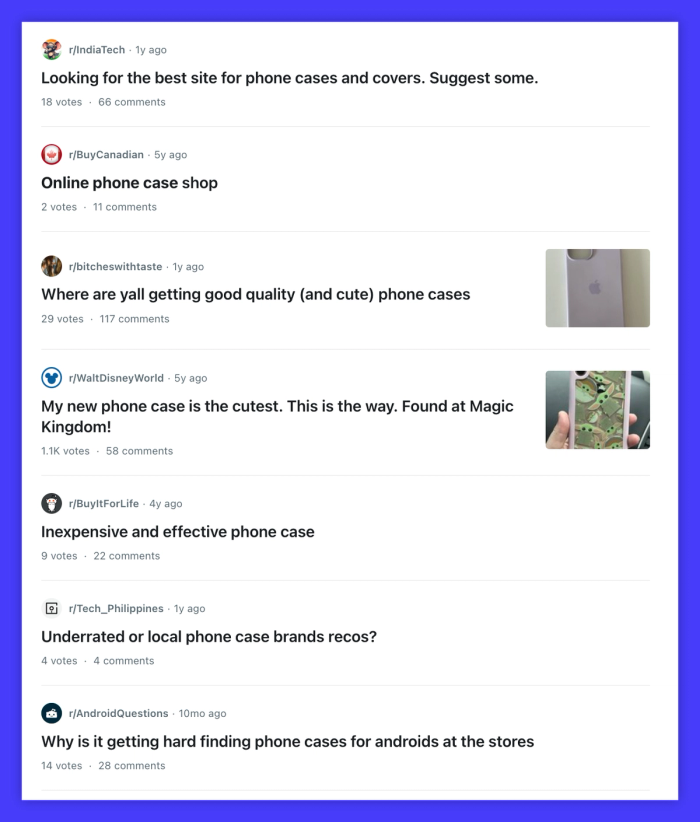 Reddit posts on phone cases.