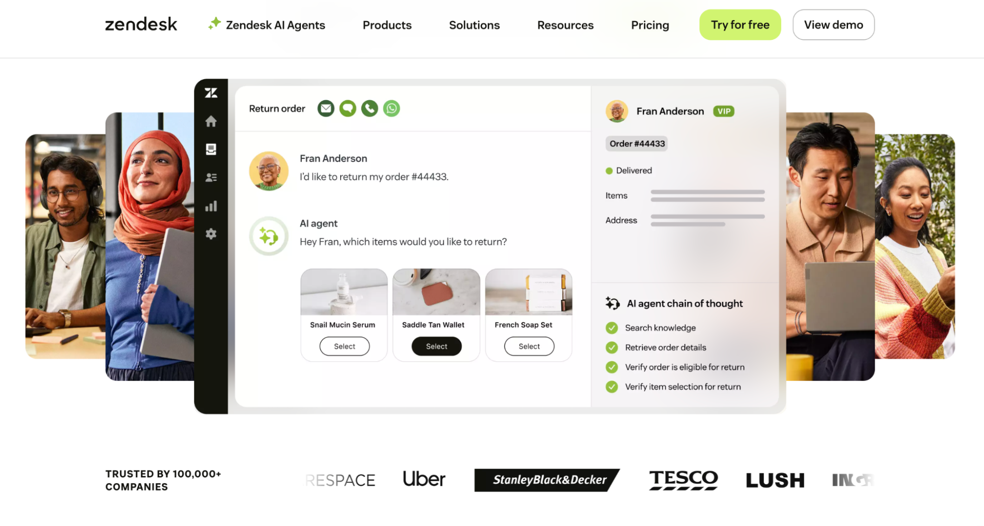 Zendesk AI agent chat interface demonstrating a customer service interaction about returning an order, showing product selection and the AI's processing steps.