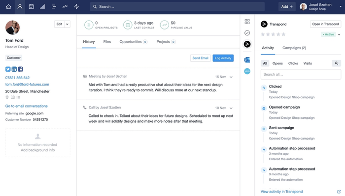  CRM interface showing customer details for Tom Ford, recent communication logs, and campaign interaction stats on the right.