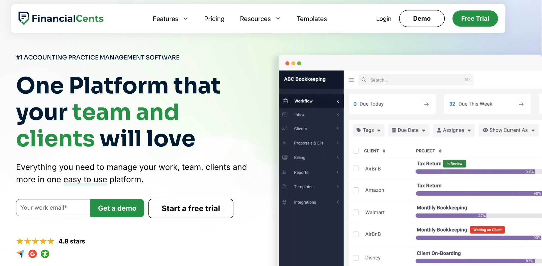 FinancialCents accounting practice management software homepage 