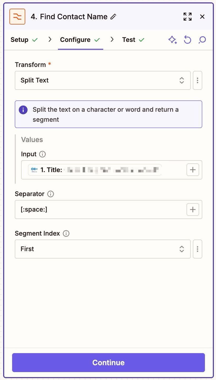split text selected in zapier transform field for formatter step