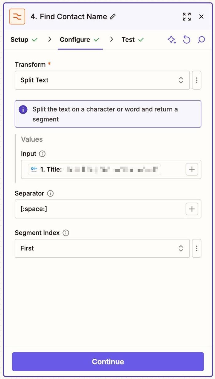 split text selected in zapier transform field for formatter step