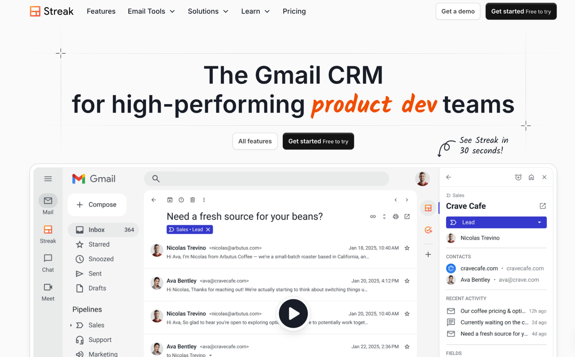 Screenshot of Streak's website, displaying the headline "The Gmail CRM for high-performing product dev teams" above a Gmail interface with Streak's integrated CRM sidebar showing sales leads and contact details.
