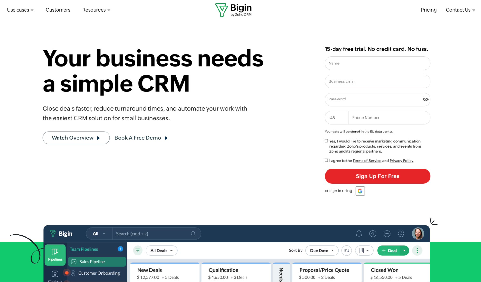 Bigin by Zoho CRM website promoting a simple CRM solution with a free trial sign-up form and a preview of its deal pipeline interface.