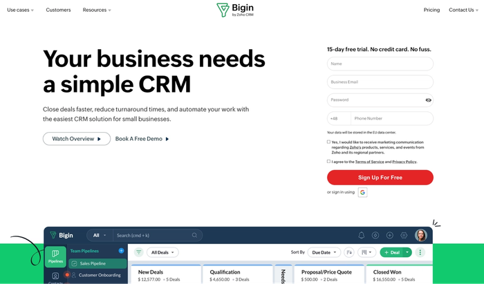 Bigin by Zoho CRM website promoting a simple CRM solution with a free trial sign-up form and a preview of its deal pipeline interface.