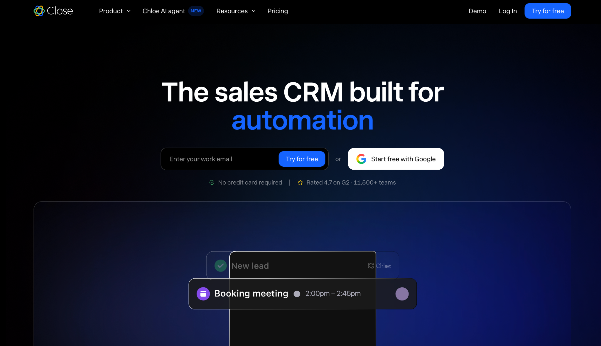 Close CRM homepage with "The sales CRM built for automation" headline, signup forms, and a meeting notification pop-up.