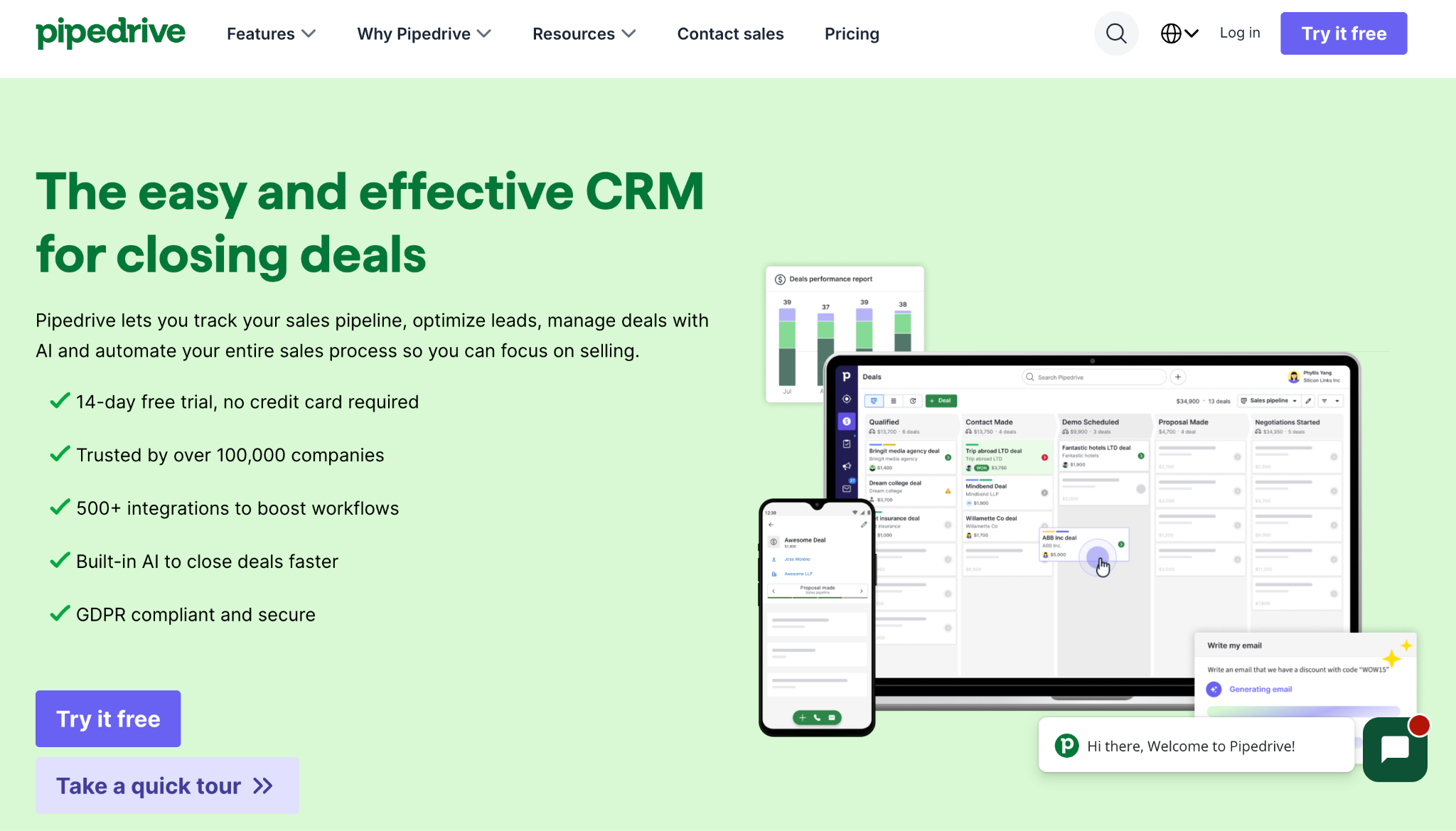 Pipedrive CRM homepage 