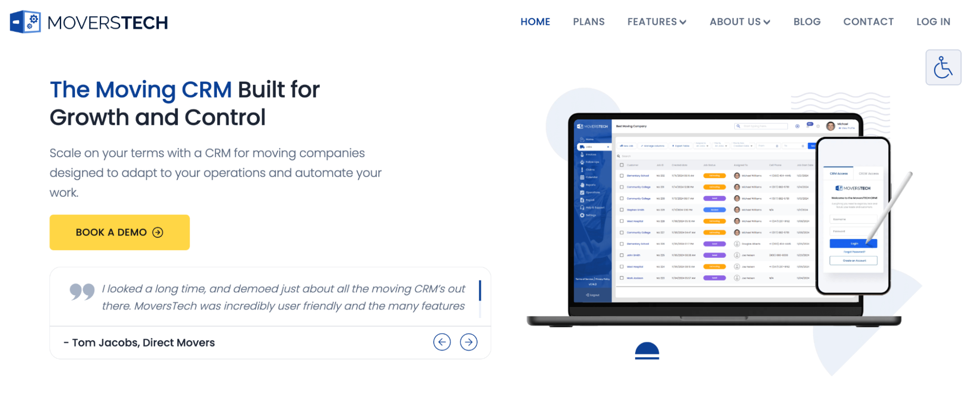 MoversTech website displaying a laptop and smartphone with the CRM interface, alongside the headline "The Moving CRM Built for Growth and Control."