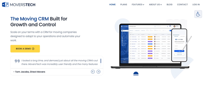 MoversTech website displaying a laptop and smartphone with the CRM interface, alongside the headline "The Moving CRM Built for Growth and Control."