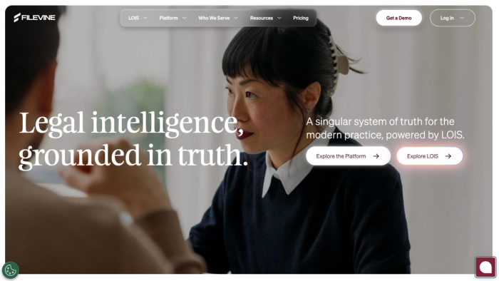 Filevine legal intelligence platform homepage showing a woman in conversation and the headline 'Legal intelligence, grounded in truth.'