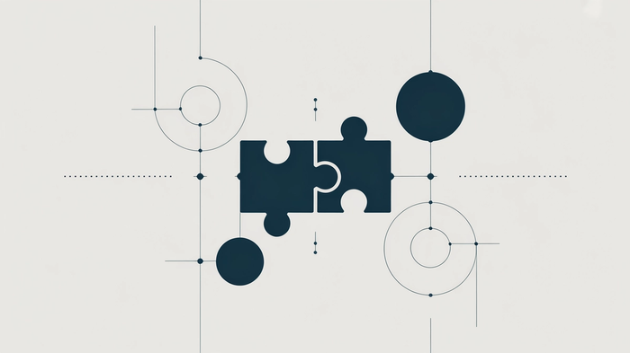 Two connected dark blue puzzle pieces amidst a geometric pattern of lines and circles.