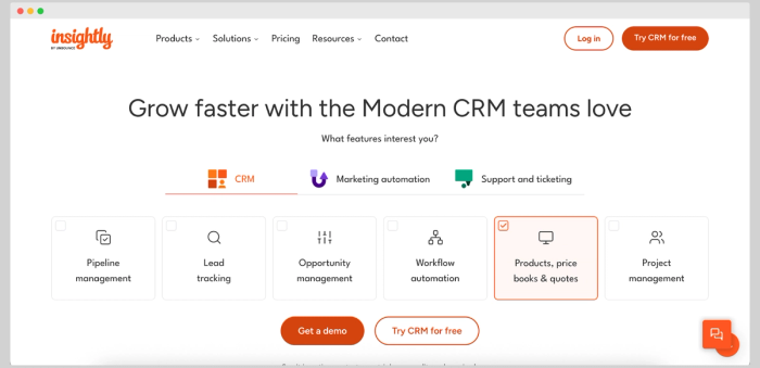 Insightly CRM homepage highlighting CRM, marketing automation, and support features, with interest selection tiles and CTA buttons for a demo and free trial.