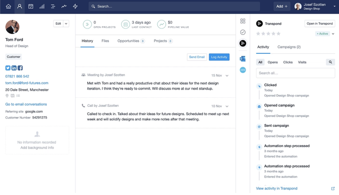 a screenshot of Capsule CRM showing a message from tom ford