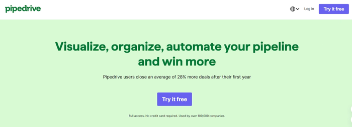 A light green Pipedrive landing page featuring the headline "Visualize, organize, automate your pipeline and win more" and a "Try it free" button.