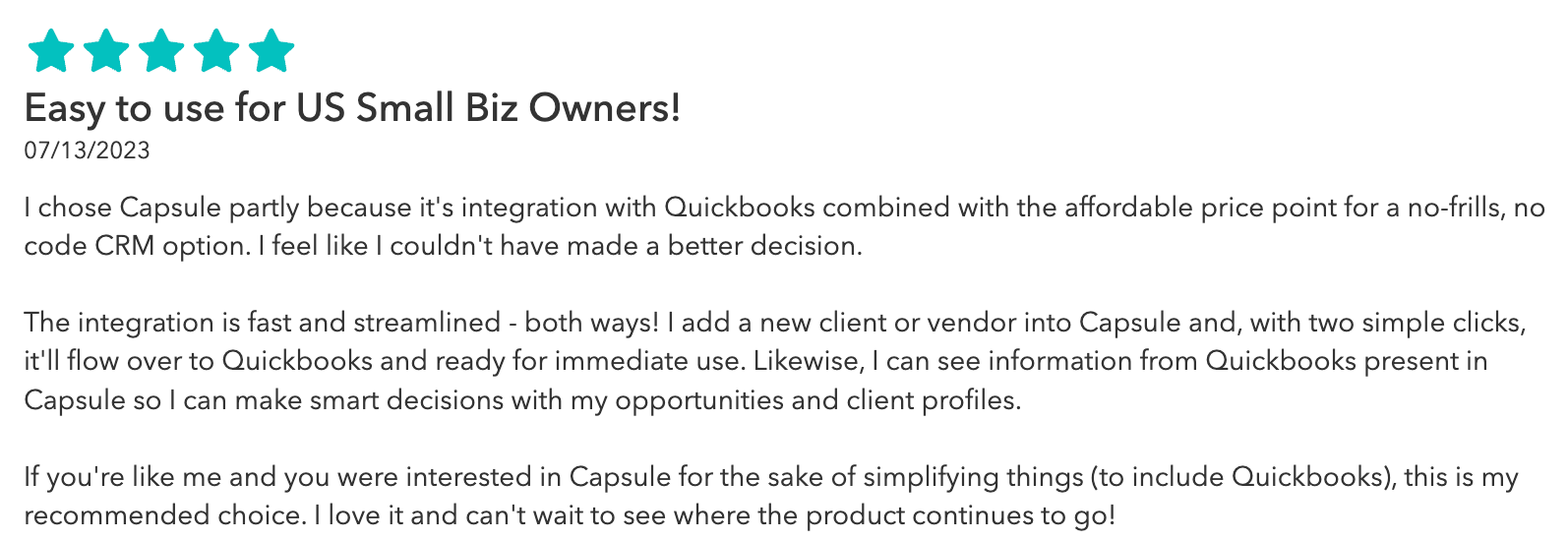a screenshot of a review that says easy to use for us small biz owners
