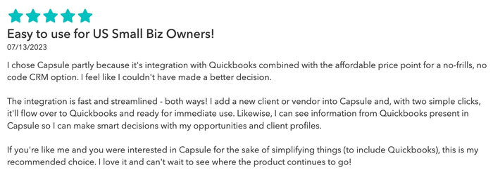 a screenshot of a review that says easy to use for us small biz owners