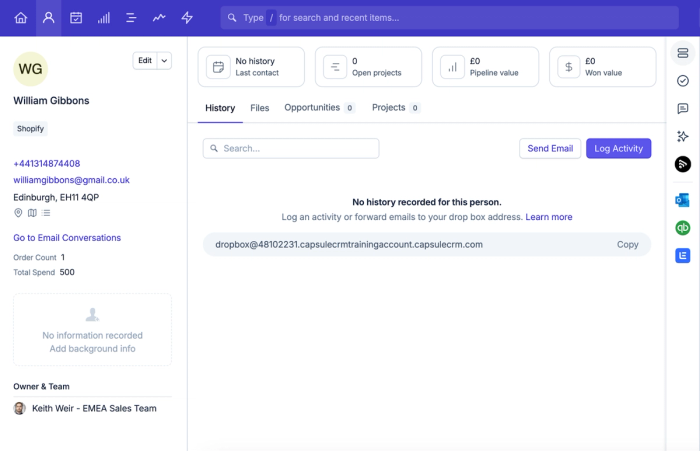 showing contact added in capsule from shopify zap template test