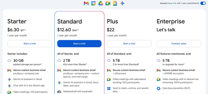 Google Workspace pricing page displaying Starter, Standard, Plus, and Enterprise plans, with the Standard plan highlighted.