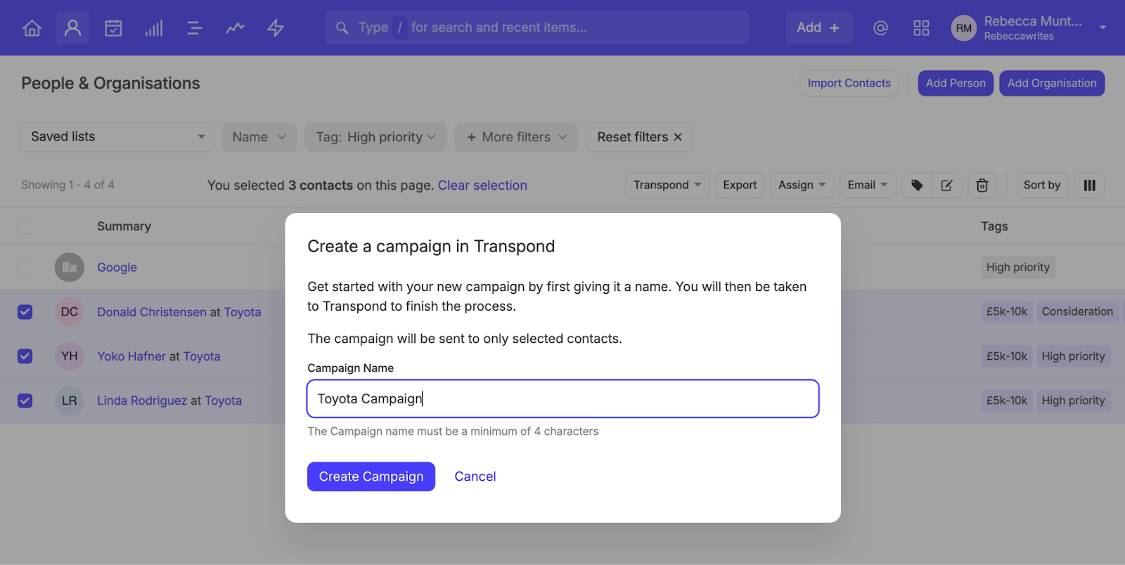 crea campañas de marketing en Transpond seleccionando los contactos objetivo en Capsule mediante la integración perfecta