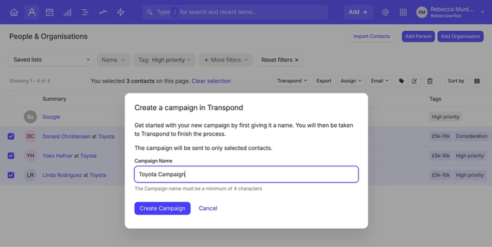 create marketing campaigns in transpond by selecting target contacts in capsule using the seamless integration