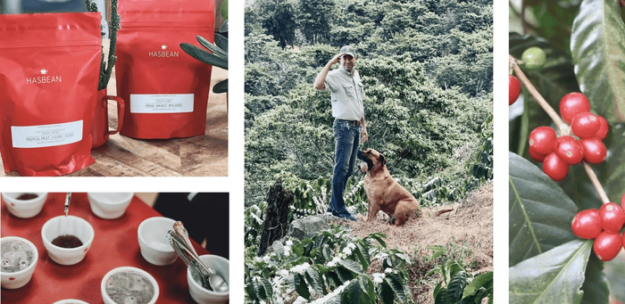 um homem em pé ao lado de um cachorro e um saco de café Hasbean