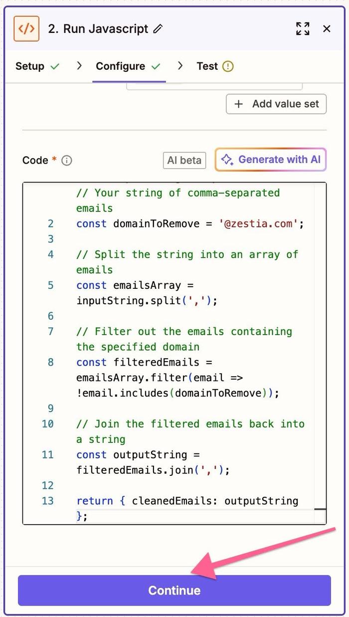 zapier code added with continue button highlighted