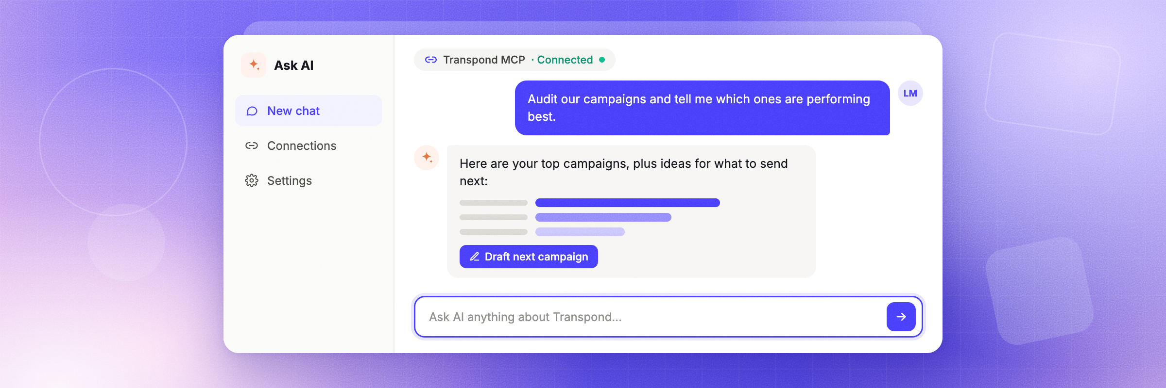 A screenshot shows a generic AI chat interface showing a user asking to audit campaigns and the AI responding with top-performing campaigns and suggestions.