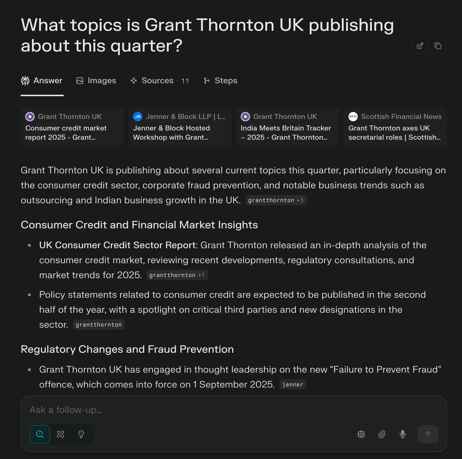 una página que indica sobre qué temas está publicando Grant Thornton UK este trimestre