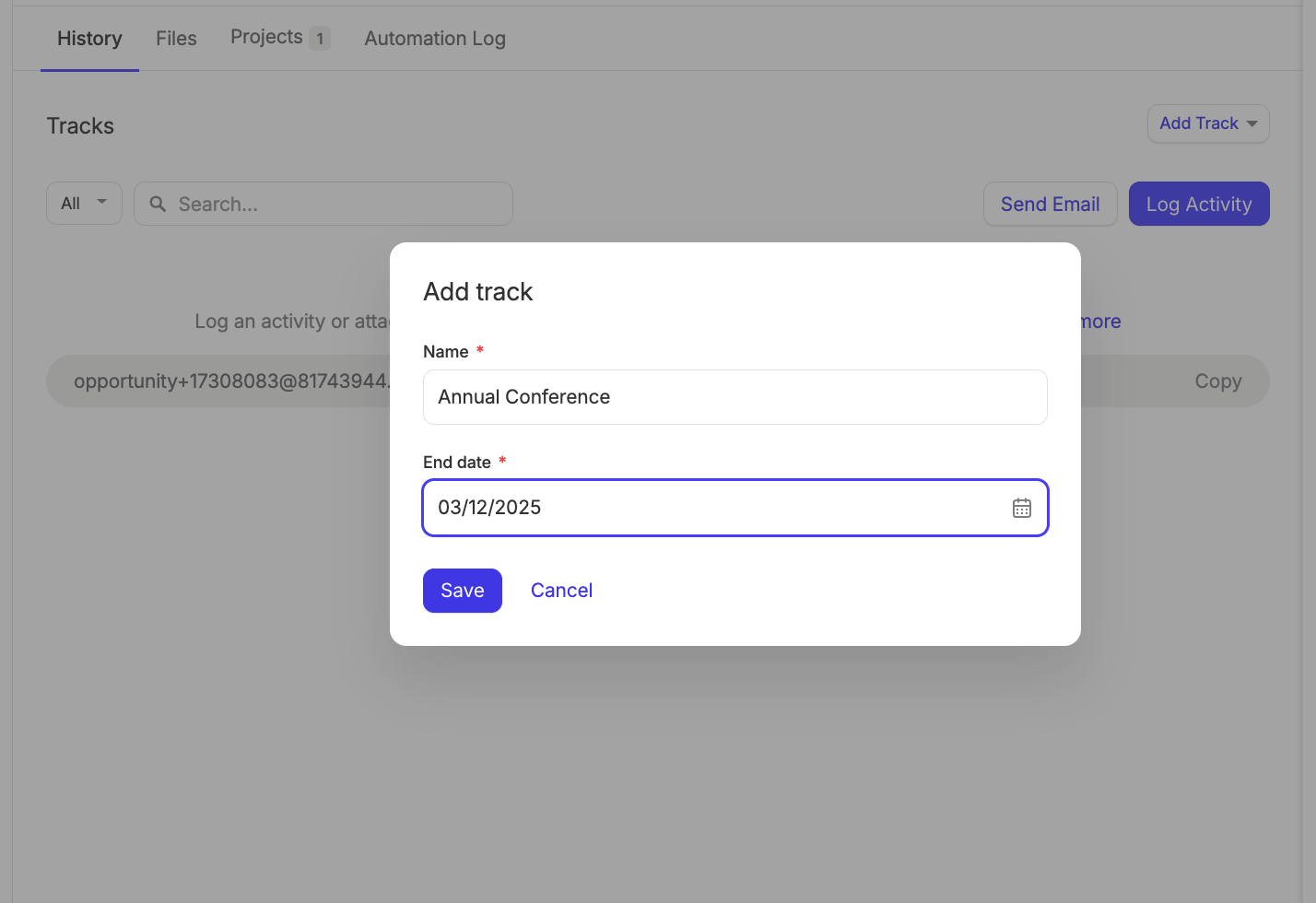 Calendar select for Track end date
