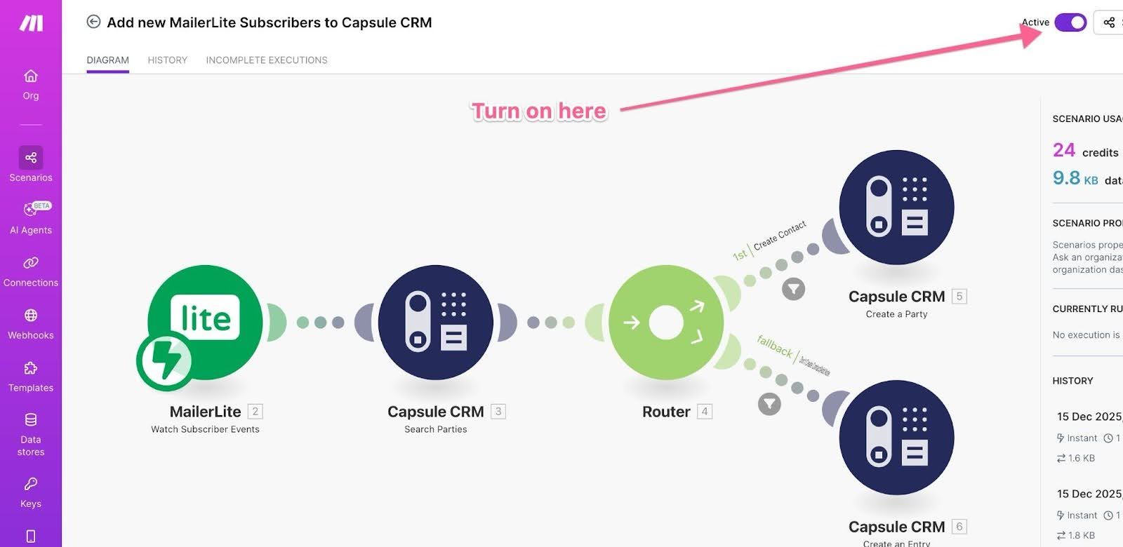 active toggled on for mailerlite scenario