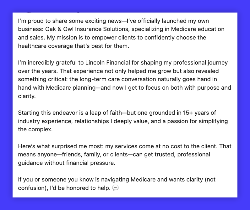 LinkedIn post about starting a new business.