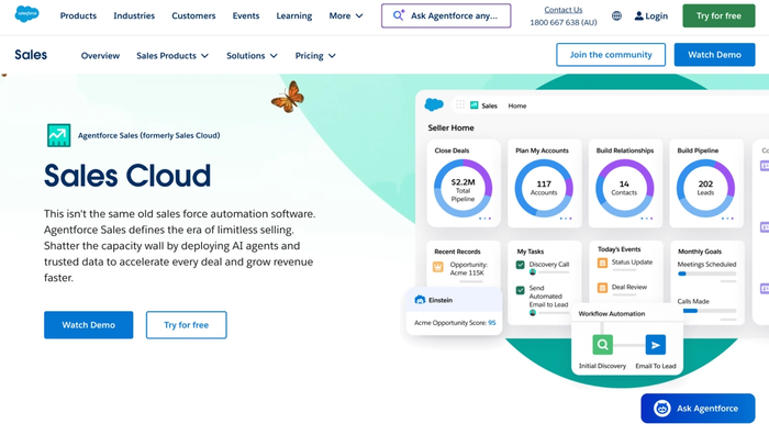 Salesforce Agentforce Sales Cloud webpage displaying AI-powered sales tools and a dashboard with pipeline, accounts, contacts, and workflow automation.