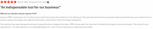 a review for capsule crm has five stars and says " an indispensable tool for our business "