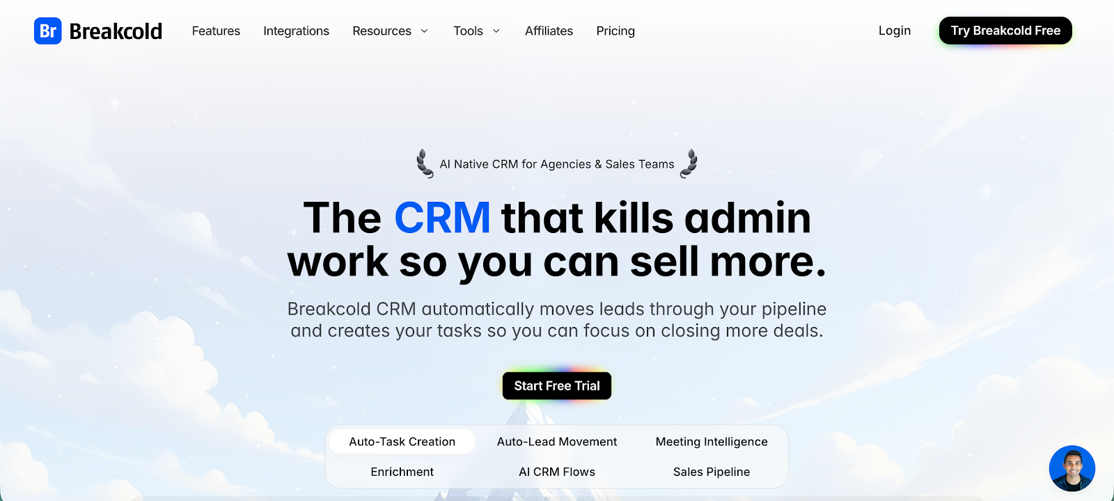 Breakcold CRM website homepage with the headline "The CRM that kills admin work so you can sell more" and a "Start Free Trial" button.